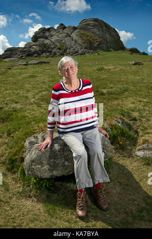 Ann Widdecombe, at her home in Haytor and on Haytor Rocks, Dartmoor, Devonshire, UK Stock Photo