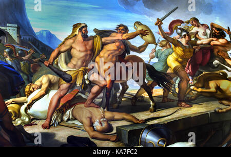 Hercules fighting the centaurs. 1817-29. Pietro Benvenuti. Italian. 1769-1844. fresco. Pitti Palace. Florence. ( Hercules is a Roman hero and god. He was the equivalent of the Greek divine hero Heracles, who was the son of Zeus (Roman equivalent Jupiter) and the mortal Alcmene. In classical mythology, Hercules is famous for his strength and for his numerous far-ranging adventures.) Stock Photo