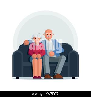 Happy elderly couple sitting on a sofa together. Vector character illustration. Stock Vector