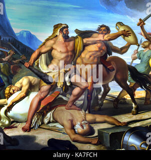 Hercules fighting the centaurs. 1817-29. Pietro Benvenuti. Italian. 1769-1844. fresco. Pitti Palace. Florence. ( Hercules is a Roman hero and god. He was the equivalent of the Greek divine hero Heracles, who was the son of Zeus (Roman equivalent Jupiter) and the mortal Alcmene. In classical mythology, Hercules is famous for his strength and for his numerous far-ranging adventures.) Stock Photo
