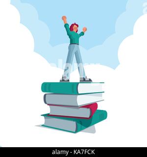Successful man standing on big book stack and celebrating his victory. Vector concept illustration. Stock Vector