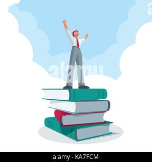 Successful businessman standing on big book stack and celebrating his victory. Vector concept illustration. Stock Vector