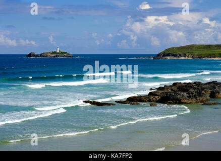 Gwithian Beach, Godrevy Lighthouse on Godrevy Island, near Gwithian, St Ives Bay, Cornwall, England, Great Britain