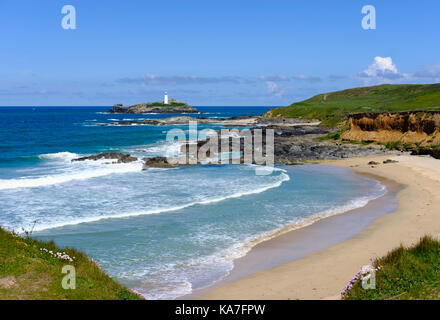 Godrevy Beach, Godrevy Lighthouse on Godrevy Island, near Gwithian, St Ives Bay, Cornwall, England, Great Britain Stock Photo