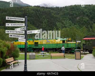 Alco diesel locomotives 103 and 108 at the Skagway terminus of the White Pass & Yukon Railroad, Alaska, USA. Stock Photo