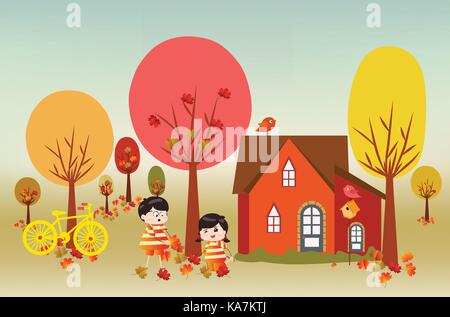 Hello autumn funny kids of a forest in autumn with leaves falling Stock Vector