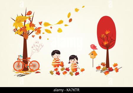 Hello autumn funny kids of a forest in autumn with leaves falling Stock Vector