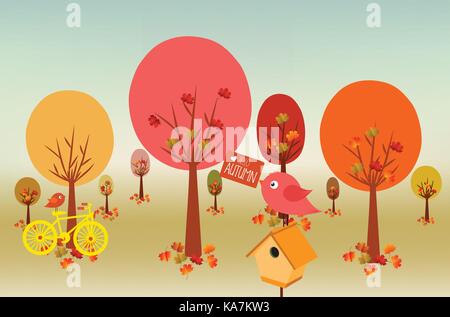 Hello autumn Illustration of a forest in autumn with leaves falling Stock Vector