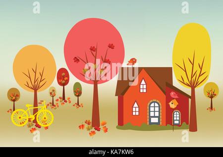 Hello autumn Illustration of a forest in autumn with leaves falling Stock Vector