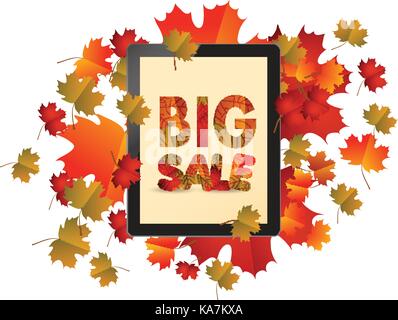 Sales tablet with autumn leaves isolated on white background Stock Vector