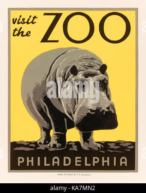 “Visit the Zoo – Philadelphia” 1936 poster featuring a woodblock print of a hippopotamus produced under the Federal Project Number One sponsored by the Works Progress Administration (WPA) created in 1935 as part of the New Deal of President Franklin D. Roosevelt to tackle the Great Depression. Stock Photo