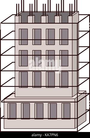 building under construction with scaffolding around in color sections ...