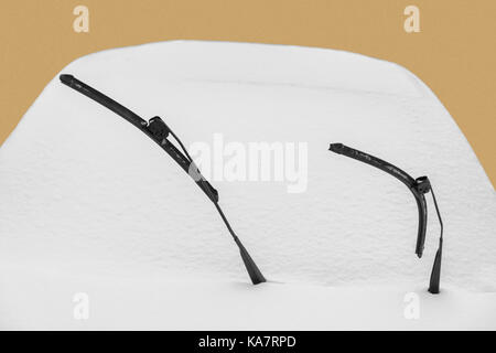 Pair of windscreen wipers of a vehicle windshield, covered in snow. The car is standing against brown wall Stock Photo