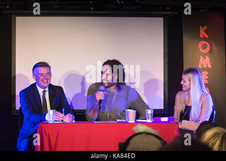Brighton, UK. 25th Sep, 2017. Russell Brand and Jon Ashworth MP, Shadow Secretary of State for Health in conversation about addiction entitled Breaking the Habit at the Komedia Theatre. The event is part of The World Transformed - events organised by Momentum during the labour party conference 2017 in Brighton, England, UK 25/092017 Credit: Bjanka Kadic/Alamy Live News Stock Photo