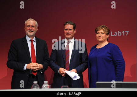 Brighton, UK. 25th Sep, 2017. L-R Jeremy Corbyn, Leader of the Labour Party, Keir Starmer, Shadow Secretary of State for Exiting the European Union and Emily Thornberry, Shadow First Secretary of State, at the morning session of the second day of the Labour Party annual conference at the Brighton Centre. This conference is following the general election of June 2017, when under the leadership of Jeremy Corbyn, the Labour Party reduced the Conservative Party majority in parliament resulting in a hung parliament. Credit: Kevin Hayes/Alamy Live News Stock Photo