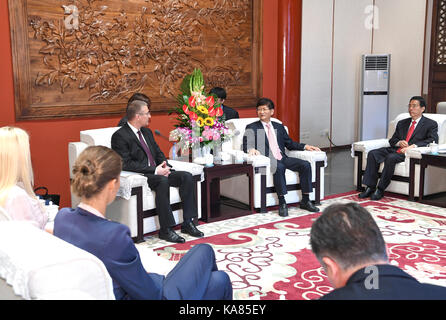 Beijing, China. 25th Sep, 2017. Meng Jianzhu, a member of the Political Bureau of the Communist Party of China (CPC) Central Committee, meets with Serbian Interior Minister Nebojsa Stefanovic in Beijing, capital of China, Sept. 25, 2017. Credit: Zhang Ling/Xinhua/Alamy Live News