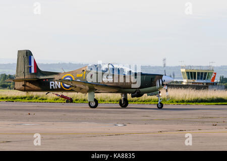 RAF Aldergrove, Northern Ireland. 25/09/2017 - Two Tucano training aircraft from 72 (R) Squadron fly into RAF Aldergrove as part of their centenary celebrations.  One of the aircraft was painted in a specially designed commemorative livery from the Battle of Britain Spitfire. Stock Photo