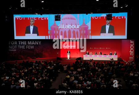 Brighton, Britain. 25th Sep, 2017. Sadiq Khan, member of Parliament and Mayor of London, delivers a speech during the second day of the Labour Party Conference in Brighton, Britain, on Sept. 25, 2017. Credit: Han Yan/Xinhua/Alamy Live News Stock Photo