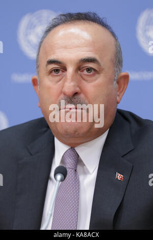 New York, NY, USA. 22nd Sep, 2017. United Nations, New York, USA, September 22 2017 - Turkeys Foreign Minister, Mevlut Cavusoglu briefs journalists on the signing of the Host Country Agreement for the establishment of the Technology Bank for the Least Developed Countries (LDCs) today at the UN Headquarters in New York City.Photo: Luiz Rampelotto/EuropaNewswire Credit: Luiz Rampelotto/ZUMA Wire/Alamy Live News Stock Photo