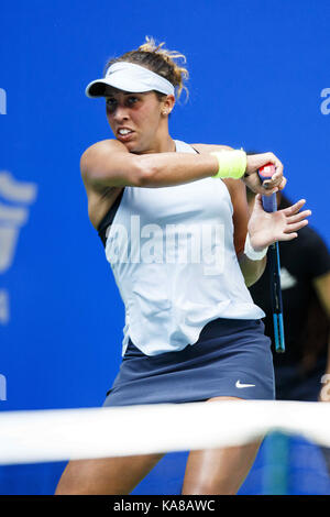 Wuhan, China. 25th Sep, 2017.  (EDITORIAL USE ONLY. CHINA OUT).Uzbekistani naturalized American professional tennis player Varvara Lepchenko defeats Madison Keys 0-2 at the WTA Wuhan Open in Wuhan, central China's Hubei Province. Credit: SIPA Asia/ZUMA Wire/Alamy Live News Stock Photo