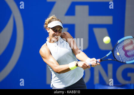 Wuhan, China. 25th Sep, 2017.  (EDITORIAL USE ONLY. CHINA OUT).Uzbekistani naturalized American professional tennis player Varvara Lepchenko defeats Madison Keys 0-2 at the WTA Wuhan Open in Wuhan, central China's Hubei Province. Credit: SIPA Asia/ZUMA Wire/Alamy Live News Stock Photo