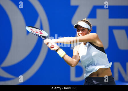 Wuhan, China. 25th Sep, 2017.  (EDITORIAL USE ONLY. CHINA OUT).Uzbekistani naturalized American professional tennis player Varvara Lepchenko defeats Madison Keys 0-2 at the WTA Wuhan Open in Wuhan, central China's Hubei Province. Credit: SIPA Asia/ZUMA Wire/Alamy Live News Stock Photo