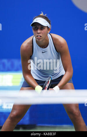 Wuhan, China. 25th Sep, 2017.  (EDITORIAL USE ONLY. CHINA OUT).Uzbekistani naturalized American professional tennis player Varvara Lepchenko defeats Madison Keys 0-2 at the WTA Wuhan Open in Wuhan, central China's Hubei Province. Credit: SIPA Asia/ZUMA Wire/Alamy Live News Stock Photo