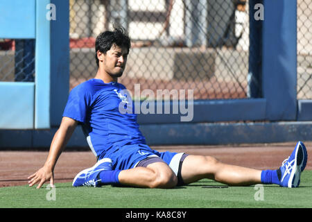 Los Angeles, California, USA. 5th Sep, 2017. Yu Darvish (Dodgers) MLB : Yu Darvish of the Los Angeles Dodgers stretches before the Major League Baseball game against the Arizona Diamondbacks at Dodger Stadium in Los Angeles, California, United States . Credit: Hiroaki Yamaguchi/AFLO/Alamy Live News Stock Photo