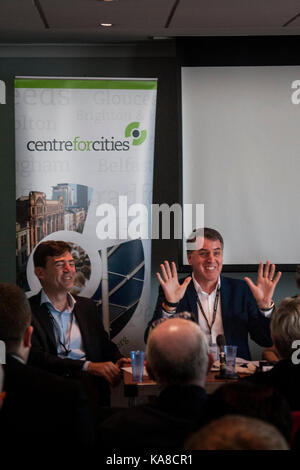Brighton, UK. 25th Sep, 2017. Andy Burnham, mayor of Greater Manchester, and Steve Rotheram, mayor of the Liverpool City Region, share a joke during a fringe event at Labour Party Conference hosted by the think tank Centre for Cities (c) Credit: Paul Swinney/Alamy Live News Stock Photo