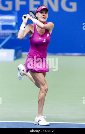 Wuhan, China. 26th Sep, 2017.  (EDITORIAL USE ONLY. CHINA OUT).Polish professional tennis player Agnieszka Radwanska beats German tennis player Julia Goerges 2-0 at the 2017 WTA Wuhan Open in Wuhan, central China's Hubei Province. Credit: SIPA Asia/ZUMA Wire/Alamy Live News Stock Photo