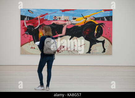 Saatchi Gallery, London, UK. 26th Sep, 2017. Saatchi Gallery's autumn show ICONOCLASTS: Art out of the Mainstream opens on 27th Sept 2017, exactly 20 years after Charles Saatchi's era defining exhibition Sensation which opened on 18th Sept 1997, launching the careers of Tracey Emin & Damien Hirst. ICONOCLASTS explores the work of 13 ground breaking British and international artists whose image-making practice is unorthodoxPhoto: Dale Lewis, Mayonnaise, 2015, with gallery visitor. Credit: Malcolm Park/Alamy Live News.
