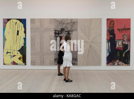 Saatchi Gallery, London, UK. 26th Sep, 2017. Saatchi Gallery's autumn show ICONOCLASTS: Art out of the Mainstream opens on 27th Sept 2017, exactly 20 years after Charles Saatchi's era defining exhibition Sensation which opened on 18th Sept 1997, launching the careers of Tracey Emin & Damien Hirst. ICONOCLASTS explores the work of 13 ground breaking British and international artists whose image-making practice is unorthodox. Photo: Works by Matthew Chambers, viewed by gallery visitors. Credit: Malcolm Park/Alamy Live News.