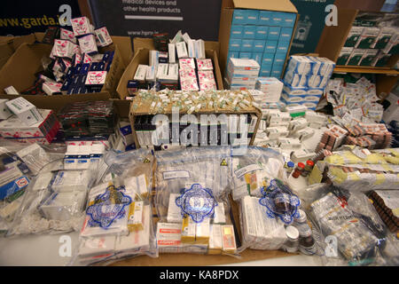 Seized packets of illlegal medicines on display at the Health Products Regulatory Authority (HPRA) Headquarters in Dublin after a Europe-wide Interpol-coordinated project called Pangea X. Stock Photo