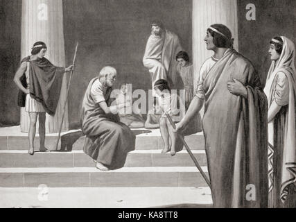 Heraclitus playing at dice with boys in order to show his contempt for the usual occupations of men.  Heraclitus of Ephesus, c. 535 – c. 475 BC.  Pre-Socratic Greek philosopher.  From Hutchinson's History of the Nations, published 1915. Stock Photo