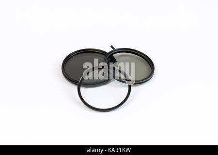 Camera lens filters - Ultra-Violet Filter (UV), Circular Polarizer Filter (CP), Neutral Density Filter (ND) Stock Photo