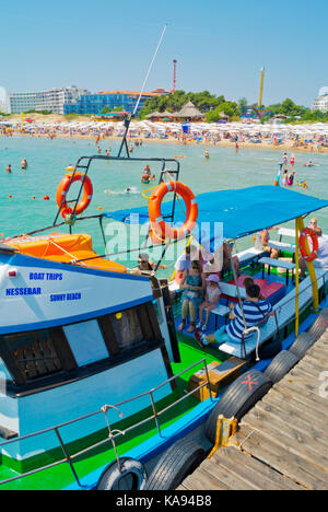 Boat between Sunny Beach and Nesebar, Main pier, Sunny Beach, Bulgaria Stock Photo
