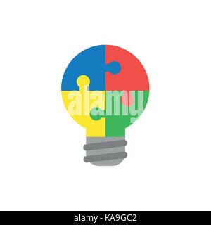 Flat design style vector illustration concept of lightbulb-shaped blue, red, yellow and green jigsaw puzzle pieces symbol icons connected on white bac Stock Vector