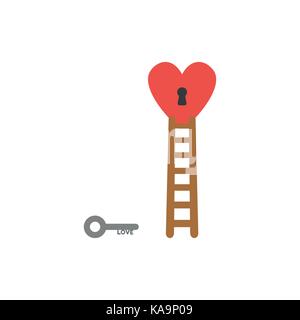 Flat design style vector illustration concept of grey love key reach to black keyhole in red heart symbol icon with brown wooden ladder on white backg Stock Vector