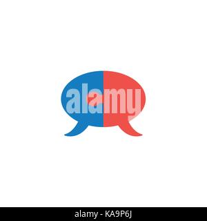 Flat design style vector illustration concept of two part blue and red puzzle pieces speech bubbles symbol icon connected on white background. Stock Vector