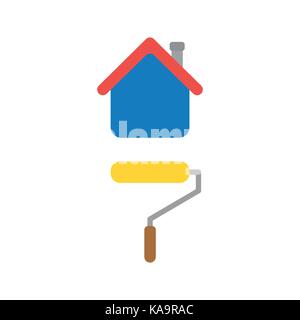 Flat design style vector illustration concept of yellow roller paint brush painting blue house symbol icon on white background. Stock Vector