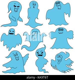 Set of nine funny blue ghosts with various characters isolated on a white background, cartoon Halloween vector illustration Stock Vector