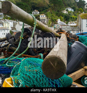 seagull sitting on fishing nets and tackle Cornwall Stock Photo