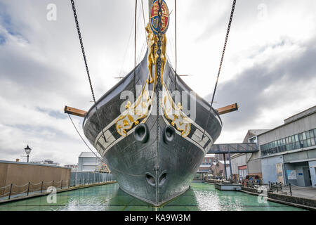 BRISTOL ENGLAND THE CITY CENTRE AND HARBOUR ON THE RIVER AVON AT HOTWELLS DOCKSIDE  THE WESTERN DOCKYARD THE PROW OF BRUNELS SS GREAT BRITAIN Stock Photo