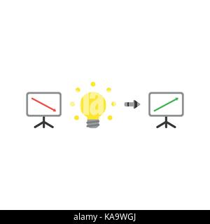 Flat design style vector illustration concept of sales or value presentation bar chart with red arrow pointing or moving down with good idea glowing l Stock Vector