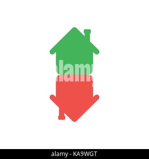 Flat design style vector illustration concept of green and red color two houses symbol icon in an arrow shape moving or pointing up and down on white  Stock Vector