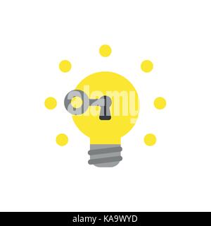 Flat design style vector illustration concept of grey key unlocking glowing yellow light bulb symbol icon on white background. Stock Vector