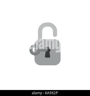 Flat design style vector illustration concept of grey key unlocking grey padlock symbol icon on white background. Stock Vector