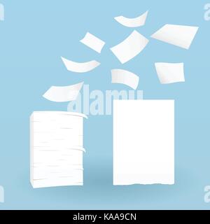 Stack of white sheets and flying ripped paper on blue background. Stock Vector