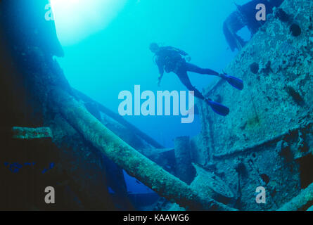 Egypt. Red Sea. Scuba diving. Diver over SS Thistlegorm shipwreck. Stock Photo