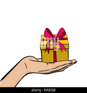 Pop art woman hand hold gift box beautiful ribbon for holiday birthday, christmas. Comic book vector halftone sketch illustration. Vintage retro wow p Stock Vector